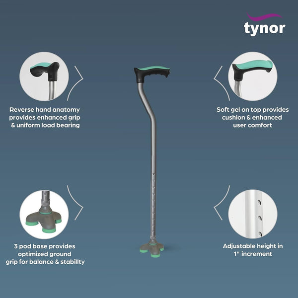 Tynor Walking Stick Trio L 44 | 3-Point Anti-Slip Cane — view 2