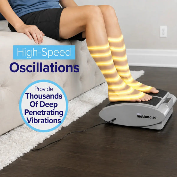 Person using a vibration machine with text highlighting high-speed oscillations and deep penetrating vibrations.