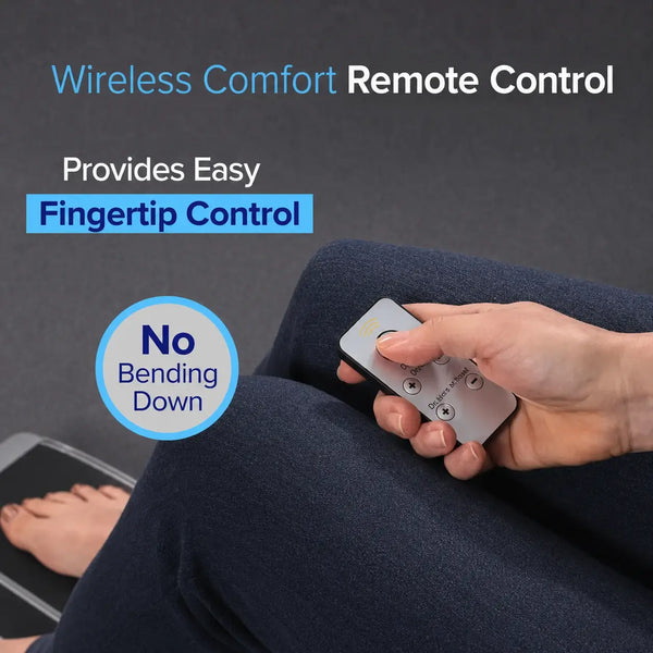 Hand holding a wireless remote control with text highlighting ease of use and comfort.