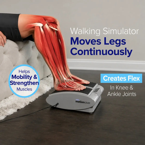 Walking simulator with animated leg muscles and text about its benefits on a gray background.