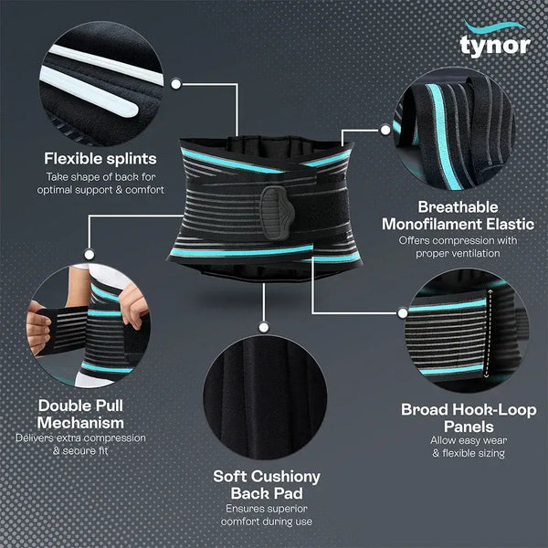 Tynor back support brace with features highlighted on a dark background