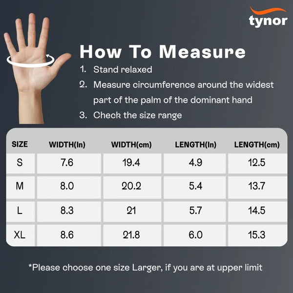 Tynorgrip gloves — size chart and hand measuring instructions
