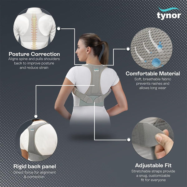 Tynor posture corrector with features highlighted on a dark background