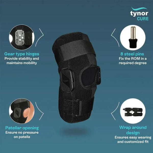 Knee brace with features highlighted on a blue background, branded as Tynor Cure.
