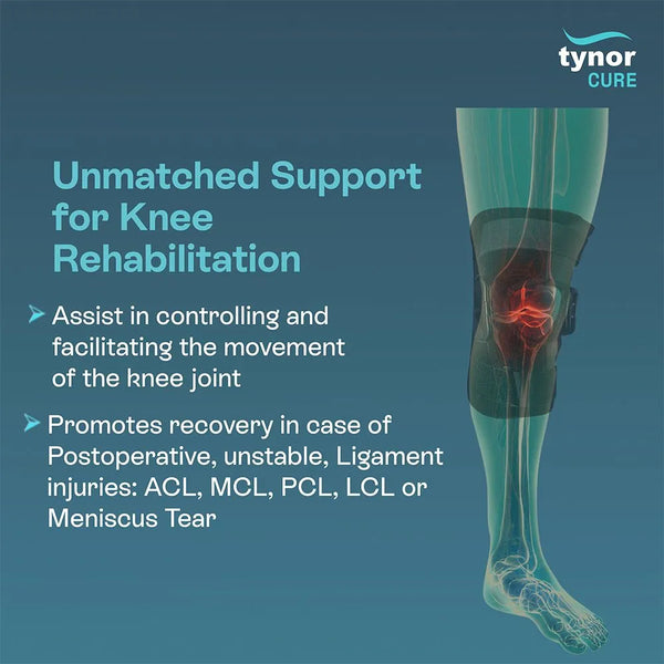 Knee rehabilitation support with Tynor Cure branding on a blue background