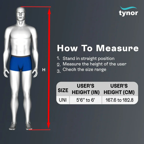 Measurement guide for underwear size with a mannequin and text on a dark background, featuring the Tynor brand.