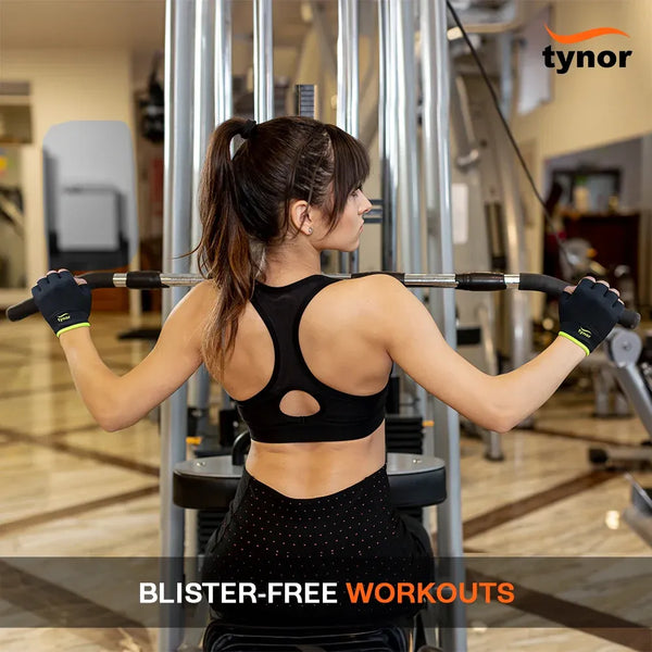 Tynorgrip Women's Gym Gloves 905 worn during a lat pulldown
