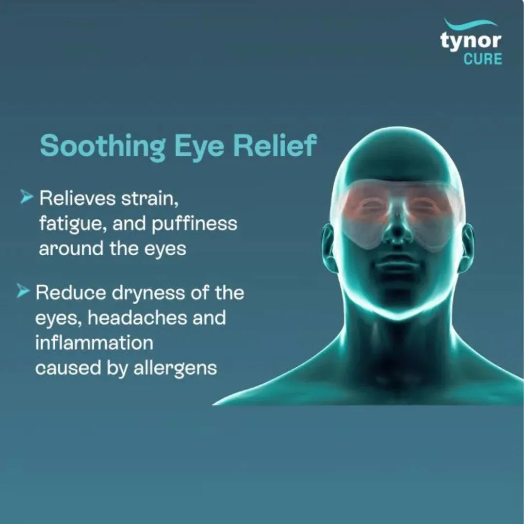 Advertisement for Tynor Cure eye relief product with a person wearing sunglasses on a blue background.