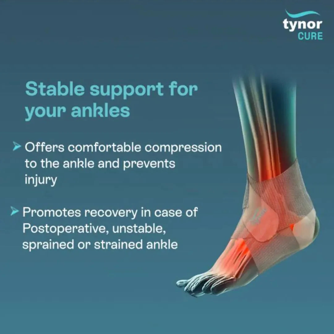 Ankle support device with text about stable support for ankles on a blue background, featuring the Tynor brand.