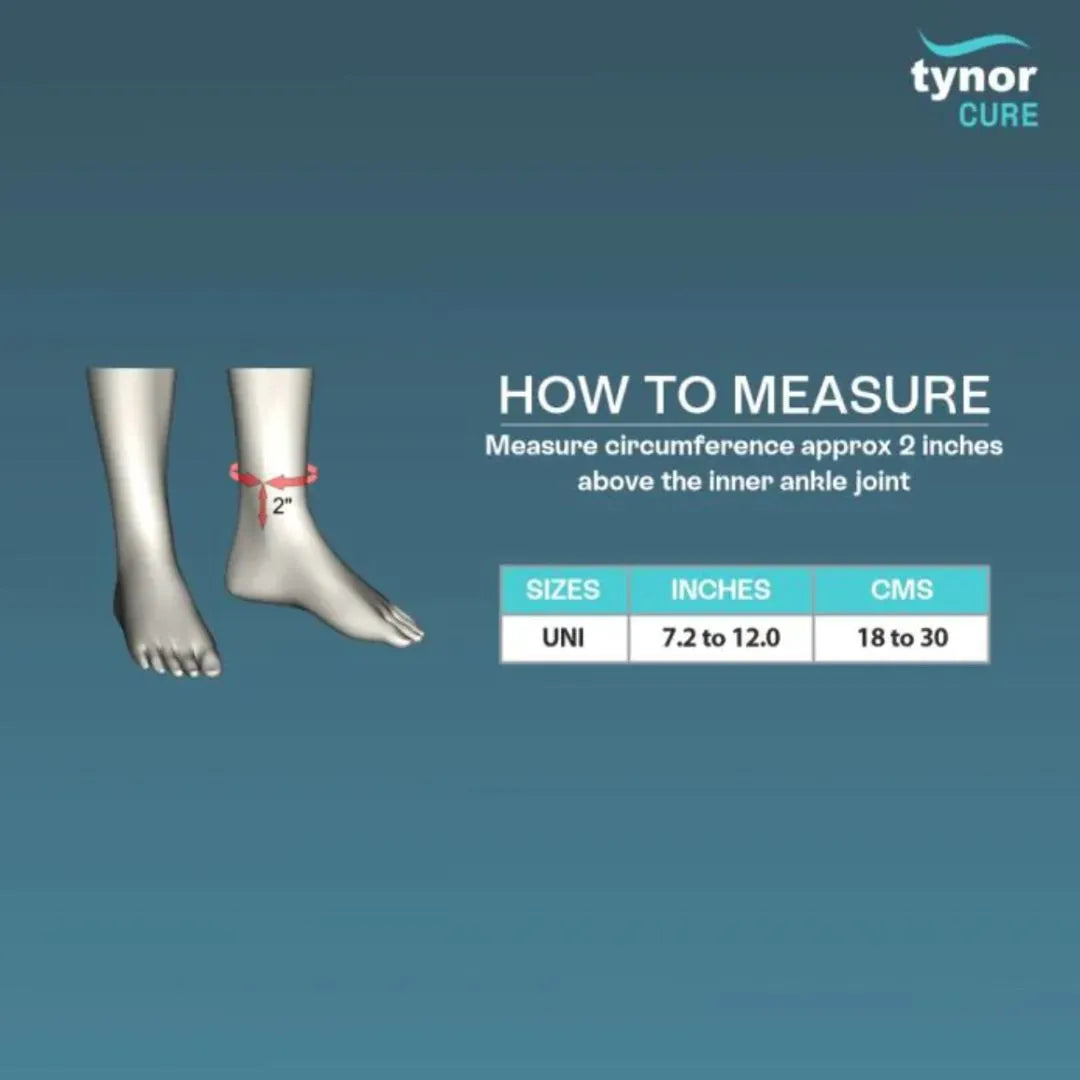 Instructions on how to measure foot circumference with tynor Cure branding.
