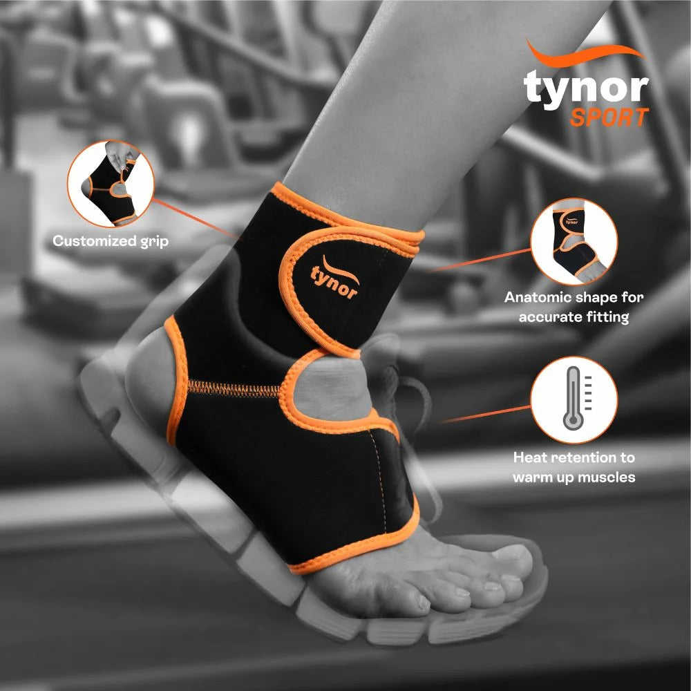 Feature view of Tynor Neo ankle support showing adjustable fit, compression, and breathability