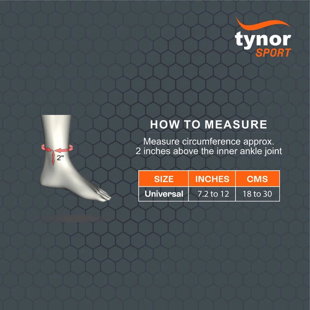 Size chart for Tynor Neo ankle support showing measurements for accurate and comfortable fit