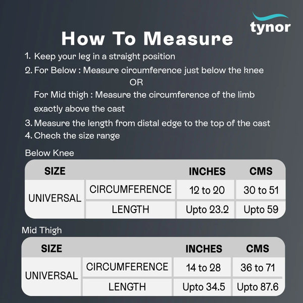 Tynor Cast Cover Leg Above Knee C16 — size chart