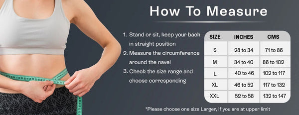Person measuring waist with a tape measure and a chart showing measurement guide on a dark background