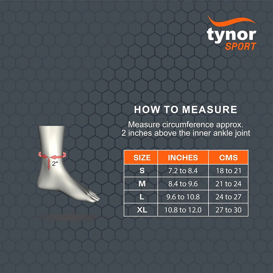 Size chart for Air Pro ankle binder in neon orange showing measurements for perfect fit