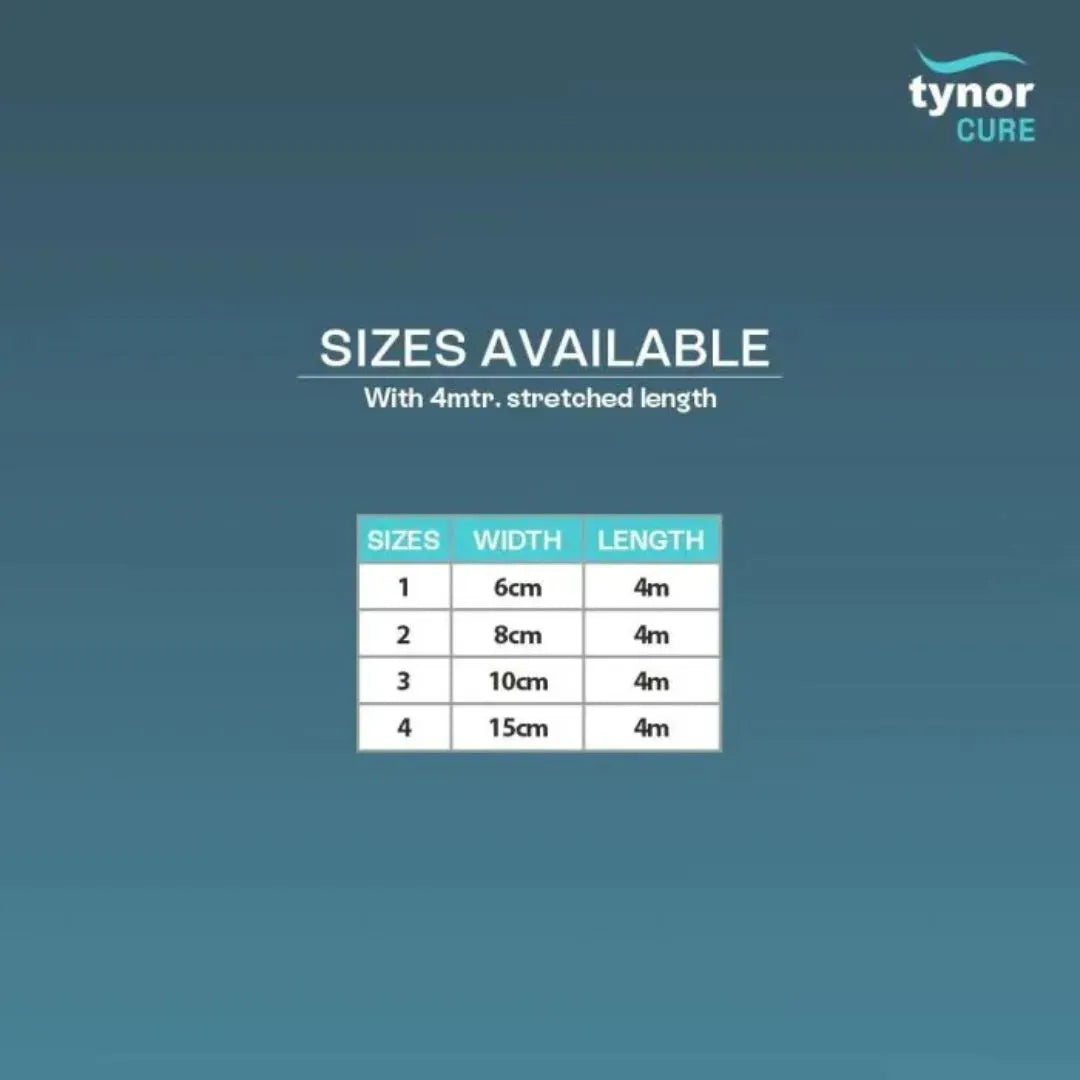 Table of sizes available with 4m stretched length on a blue background, featuring the Tynor Cure logo.