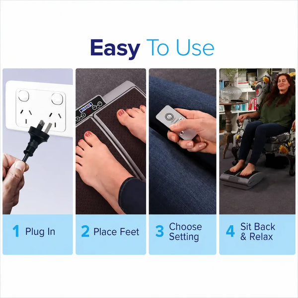 Step-by-step guide on how to use a device with images of plugging it in, placing feet on it, choosing a setting, and using it.