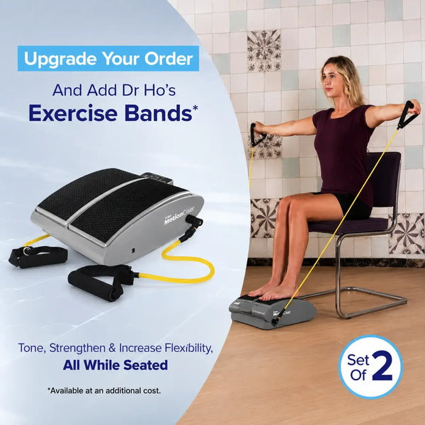 Woman using Dr Ho's exercise equipment with text promoting exercise bands.