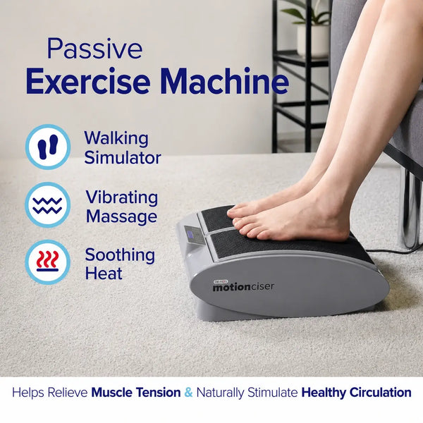 Passive exercise machine with foot on a gray surface, featuring text and icons about its functions.