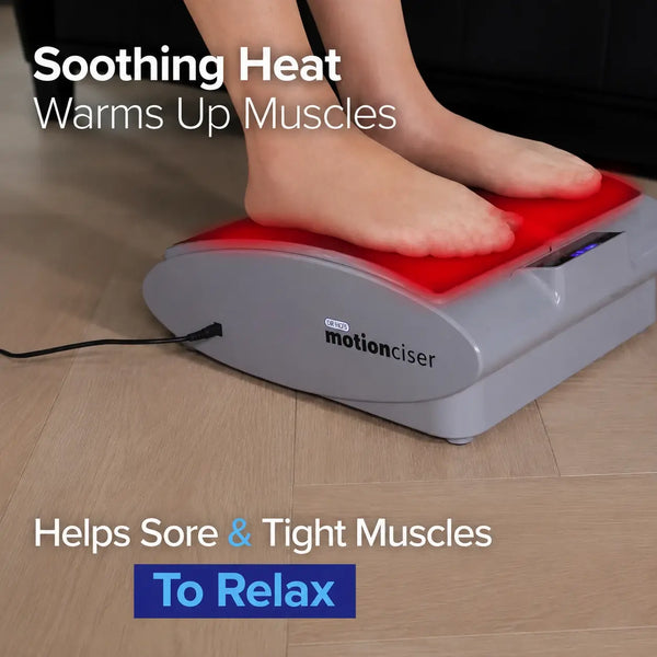 Person using a motionciser device on their foot with text about soothing heat and muscle relief.