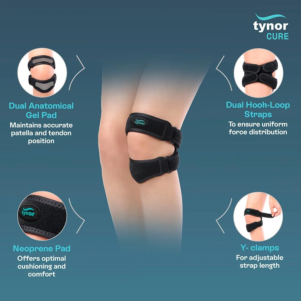 Tynor dual patellar knee brace with gel pads, Y-clamps, neoprene cushioning, and hook-loop straps