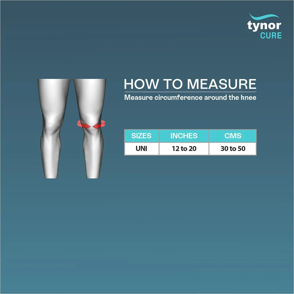 Size chart for Tynor dual patellar knee brace showing measurements for accurate fit and support