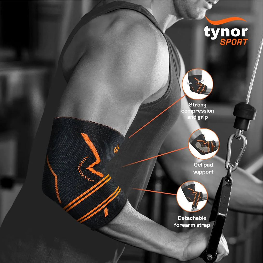 Feature view of neon orange Air Pro elbow support highlighting breathable and flexible design