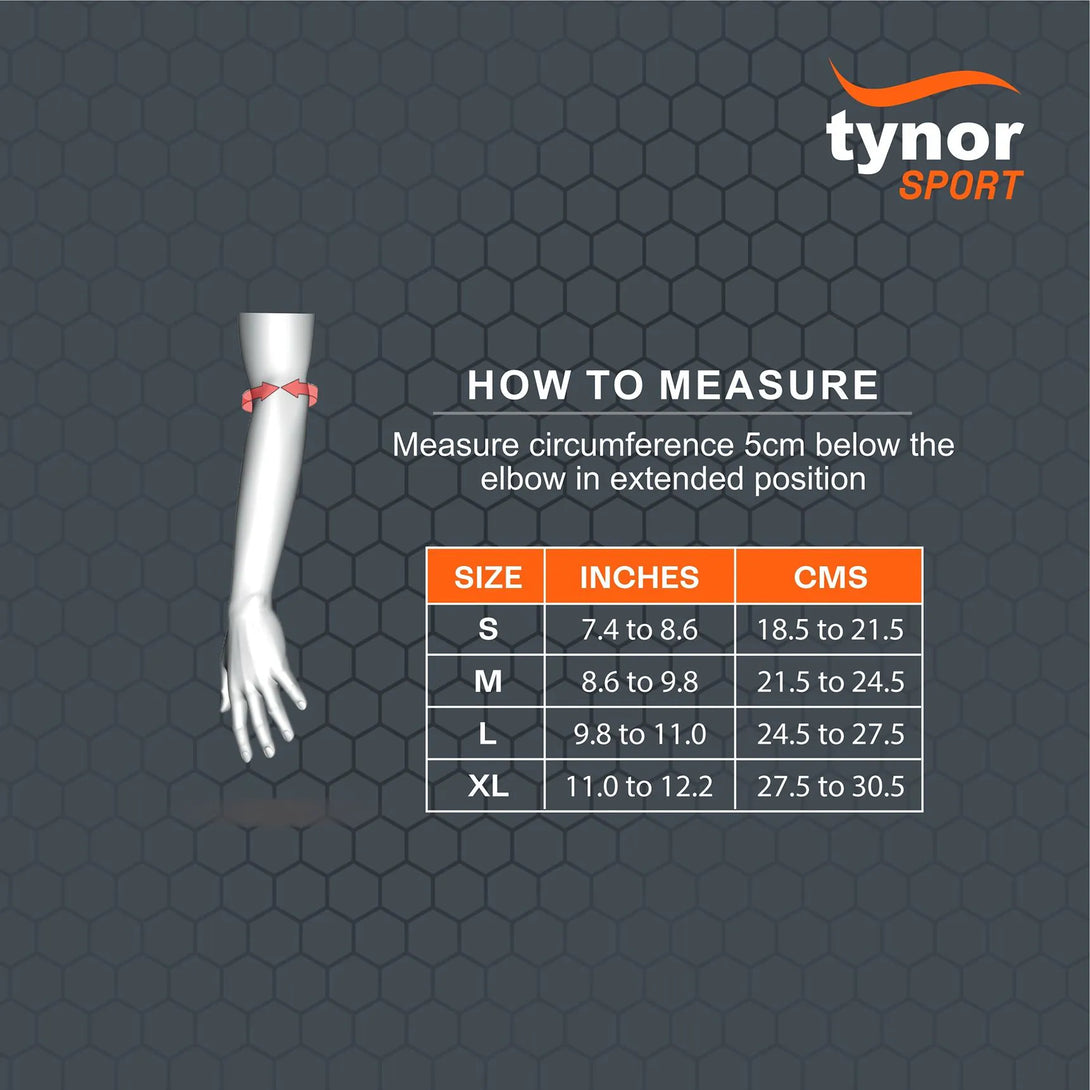 Size chart for neon orange Air Pro elbow support showing measurements for accurate fit