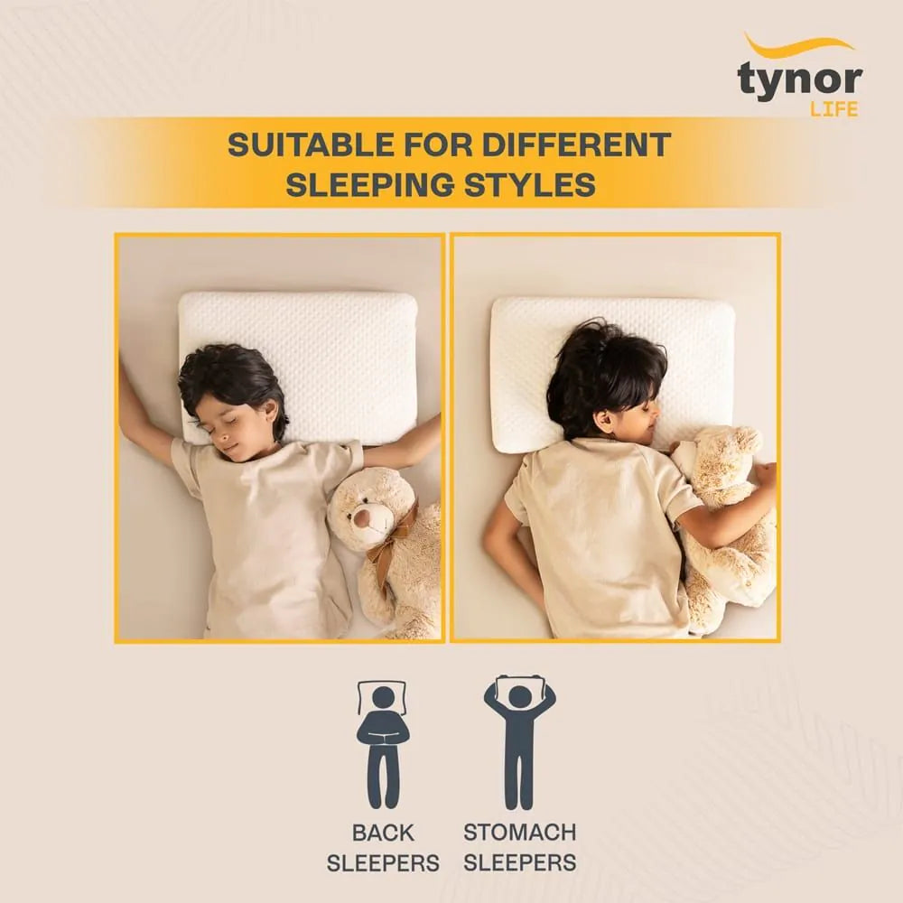 Elite Ortho memory foam child pillow suitable for back, side, and stomach sleeping styles