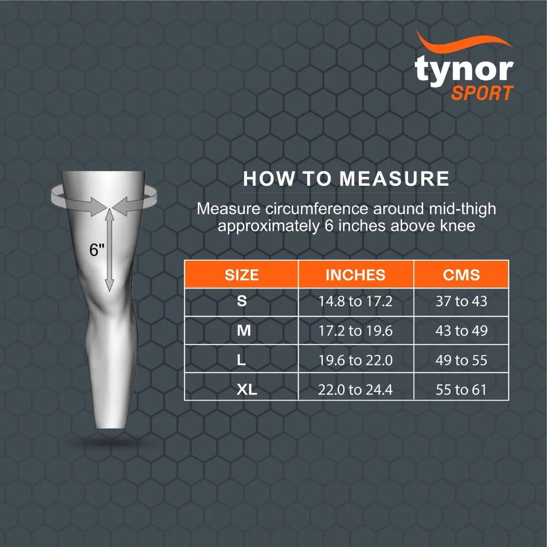 Size chart for knee cap Neo neon orange showing measurements for accurate knee support fit