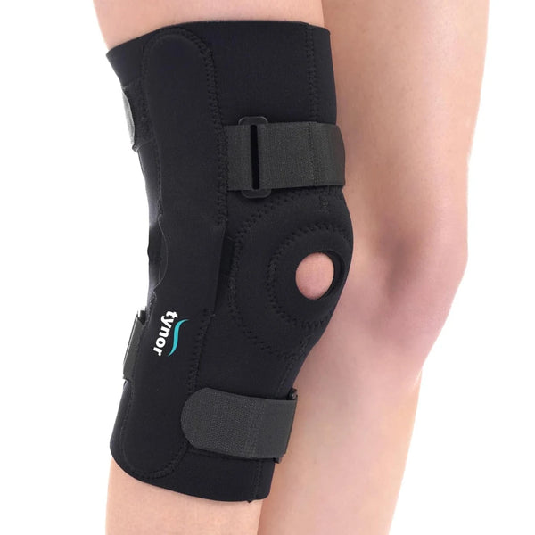 Neoprene hinged knee wrap for orthopedic support, stabilizing knee joints with adjustable compression.