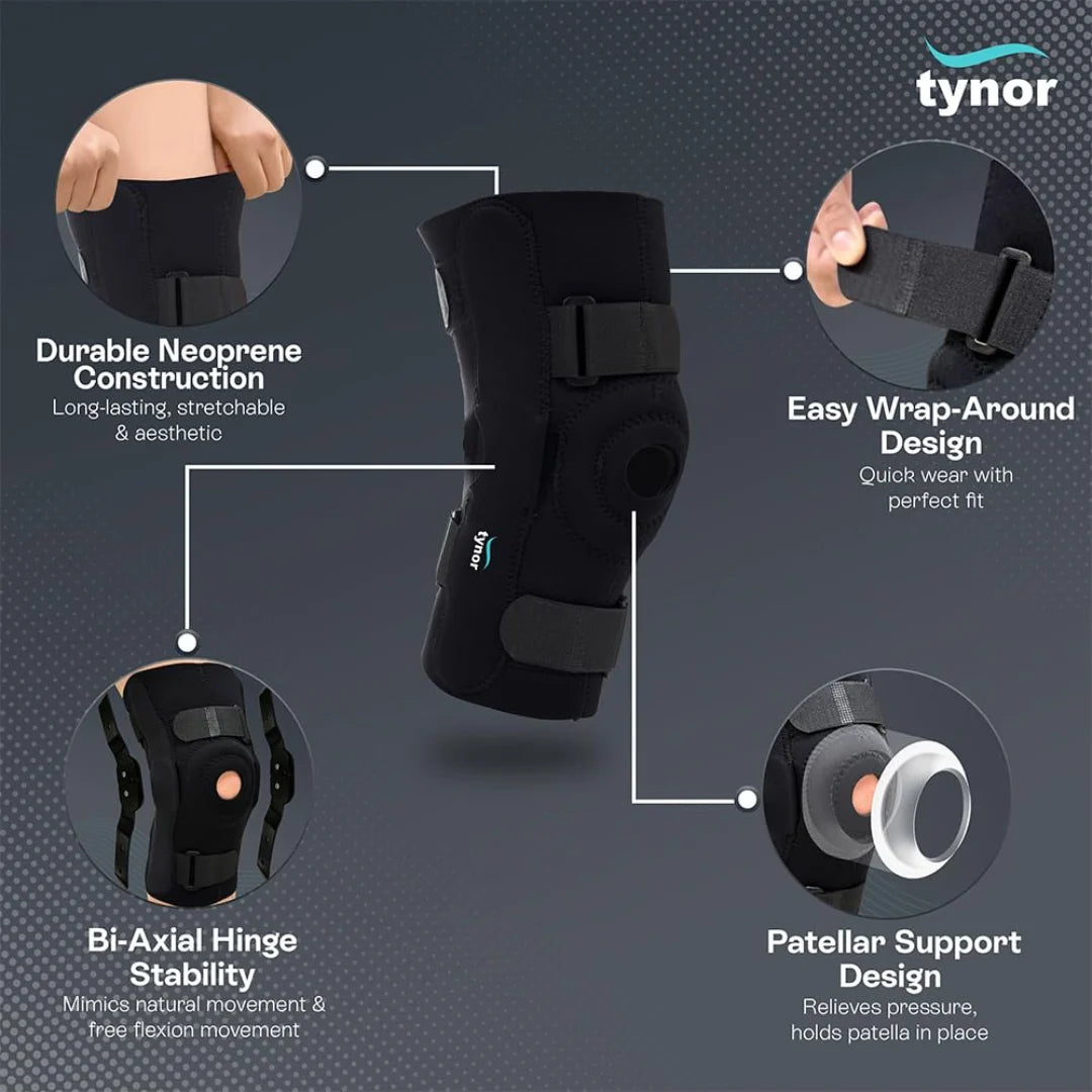Durable Tynor knee wrap with bi-axial hinge, patellar support, and easy wrap-around design.