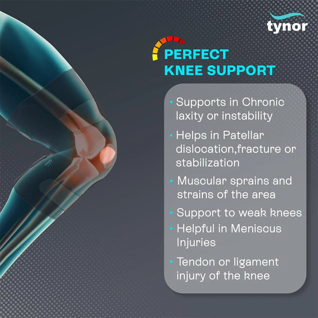 Tynor hinged knee wrap provides support for instability, patellar dislocation, sprains, and injuries.