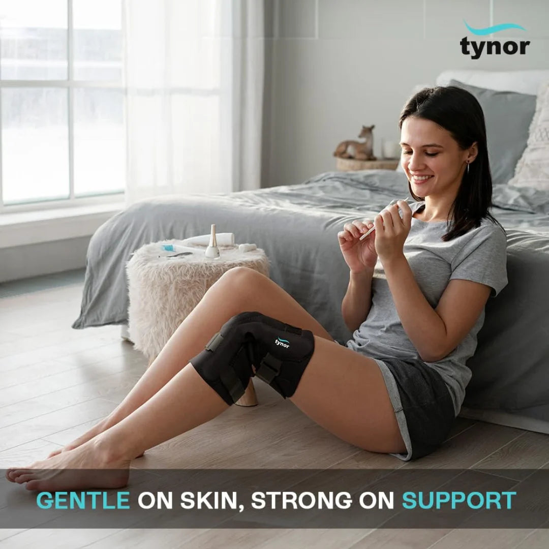 Tynor knee wrap: gentle on skin, strong support for knee stability, injury recovery, and comfort.