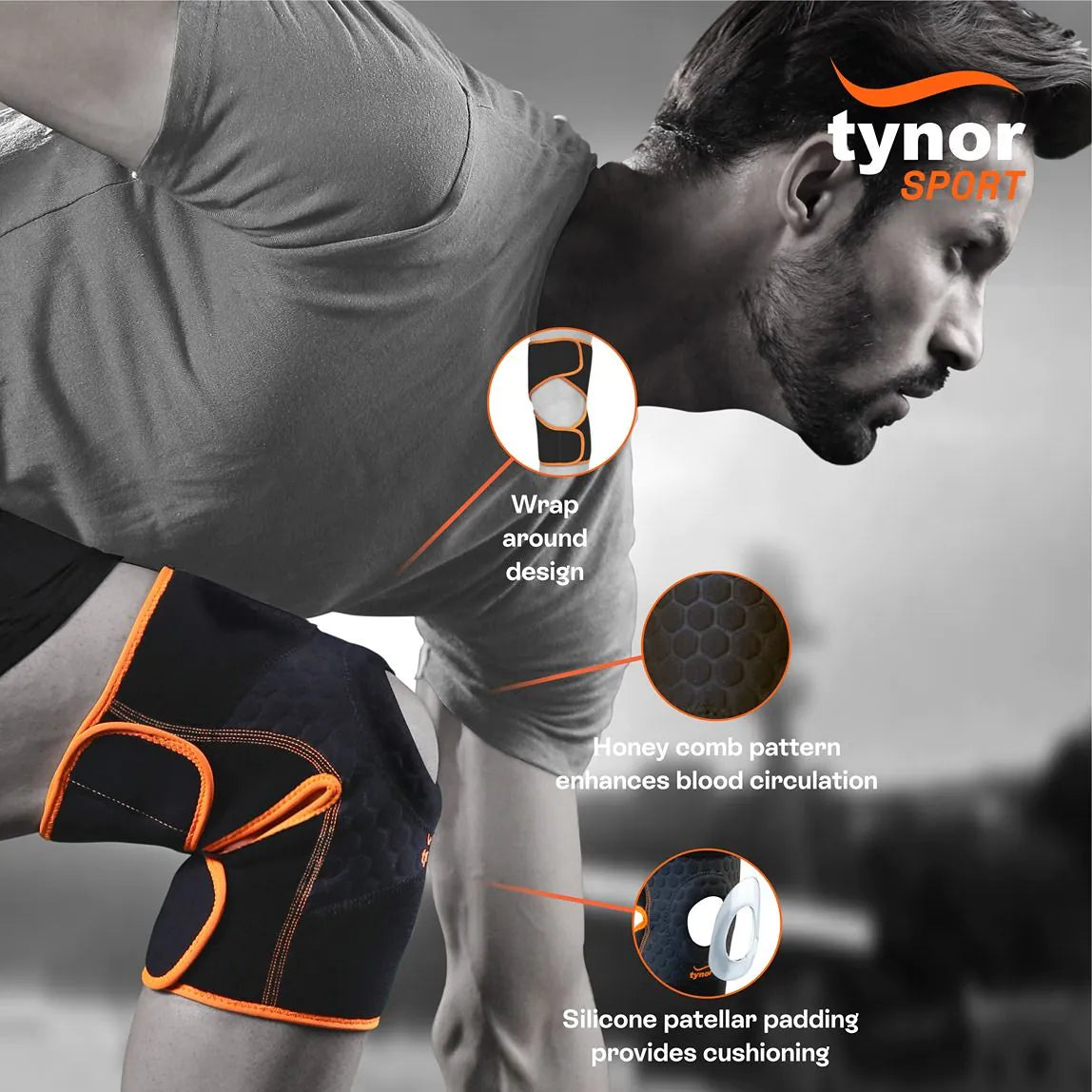 Neo knee wrap in neon orange for adjustable compression, joint support, and pain relief