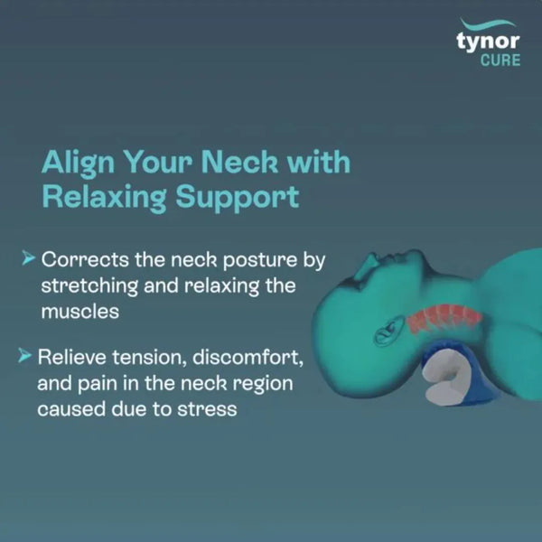 Neck support device with text on a blue background,