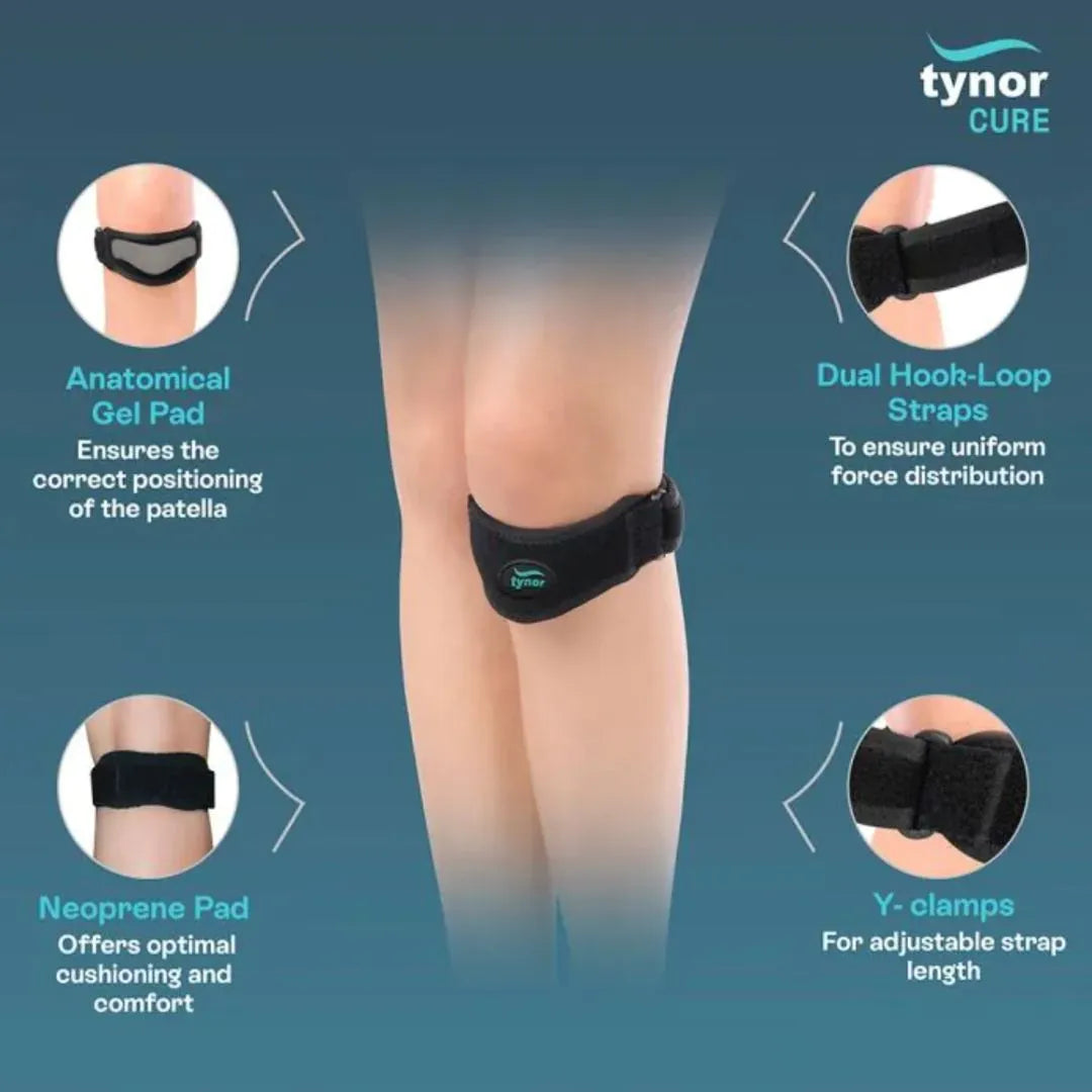 Feature view of Pro advanced patellar support knee caps with adjustable straps and cushioning