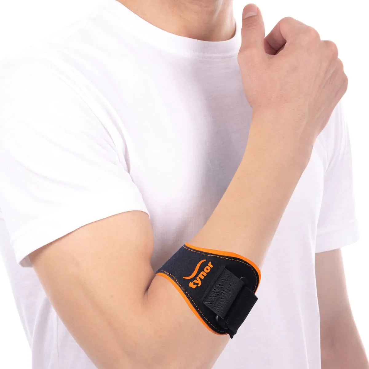 Front view of Pro neon orange tennis and golfer’s elbow support for pain relief and stability