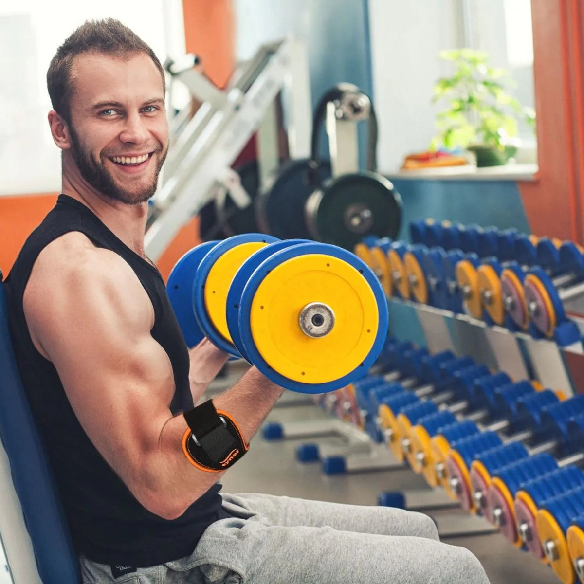 Pro neon orange tennis and golfer’s elbow support shown in use during sports and workouts