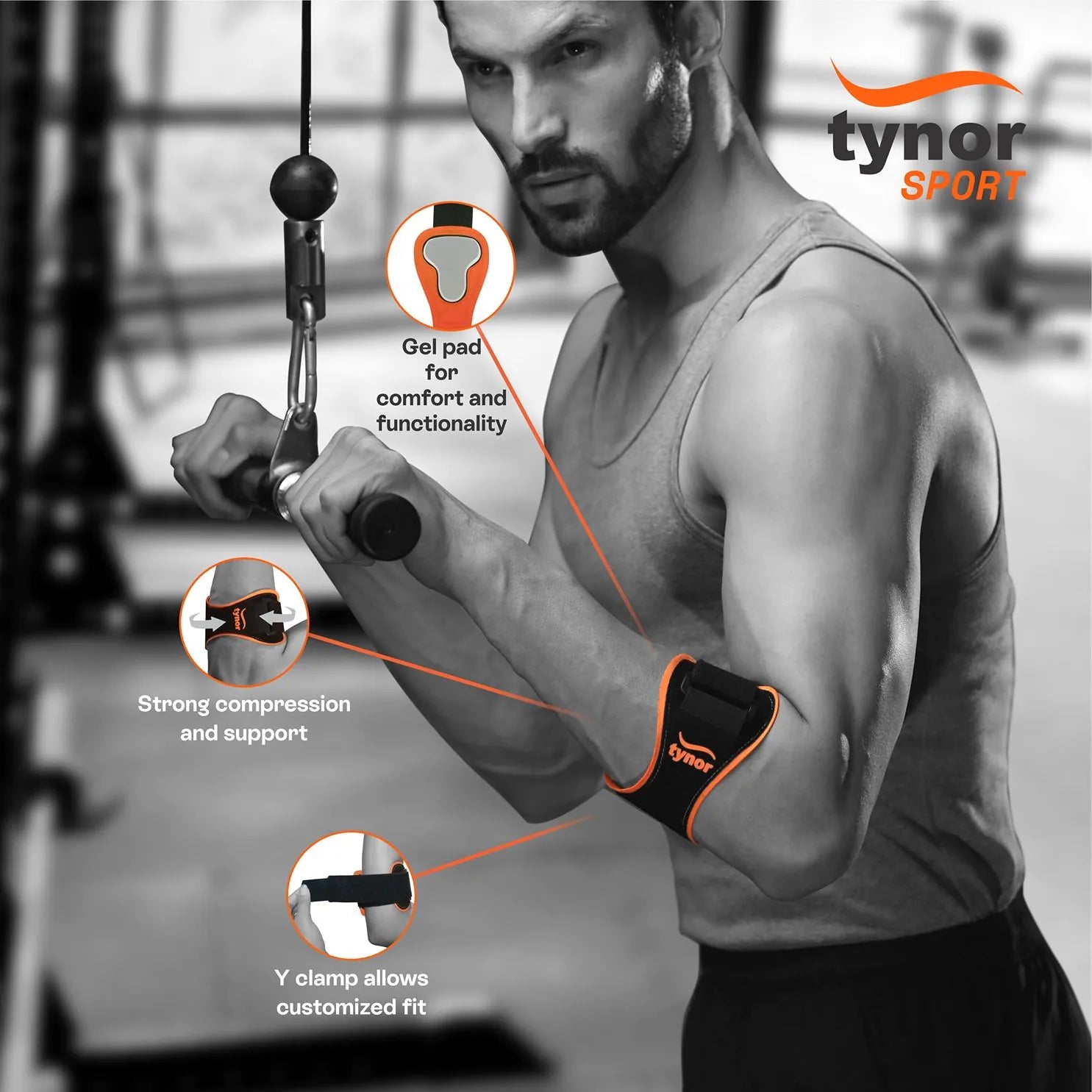 Front view of Pro neon orange tennis and golfer’s elbow support for pain relief and stability