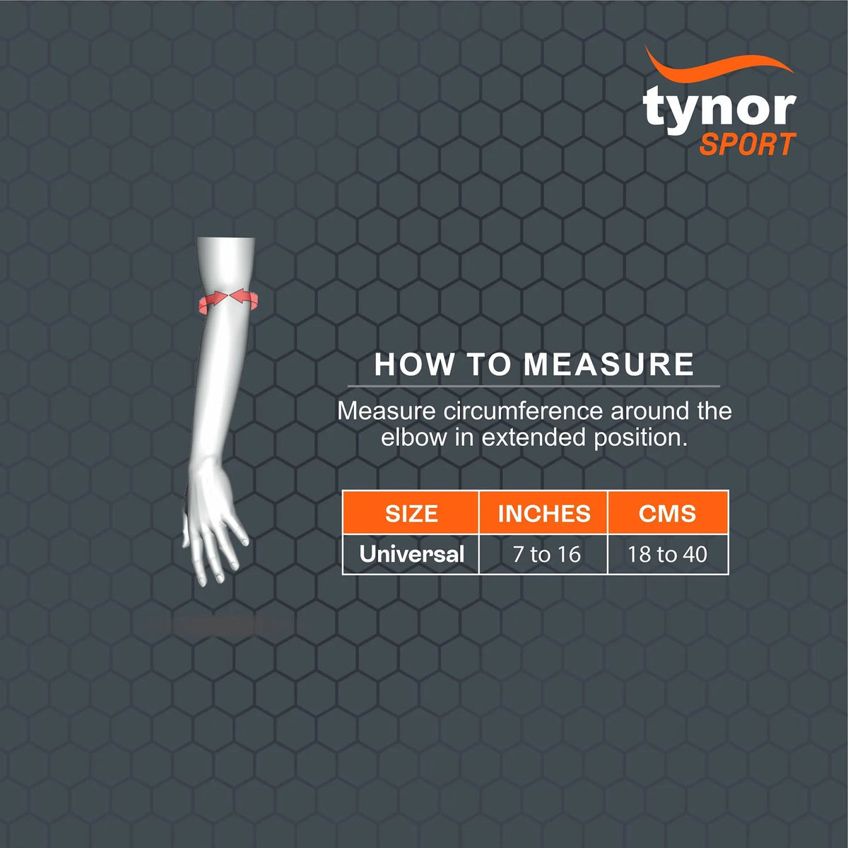 Size chart for Pro neon orange tennis and golfer’s elbow support showing measurements for fit