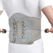 Person wearing a gray waist support brace with adjustable straps on a white background