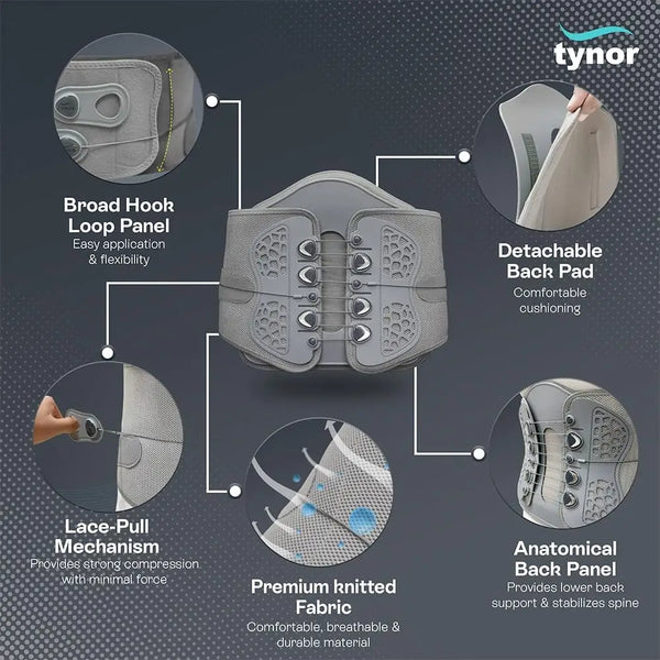 Gray back brace with features highlighted on a dark background, branded with Tynor.