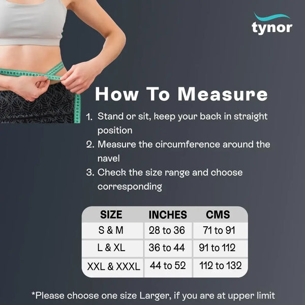 Instructions on how to measure waist size with a tynor logo and measurement chart.