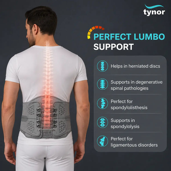 Man wearing a back support brace with Tynor branding and product features listed.
