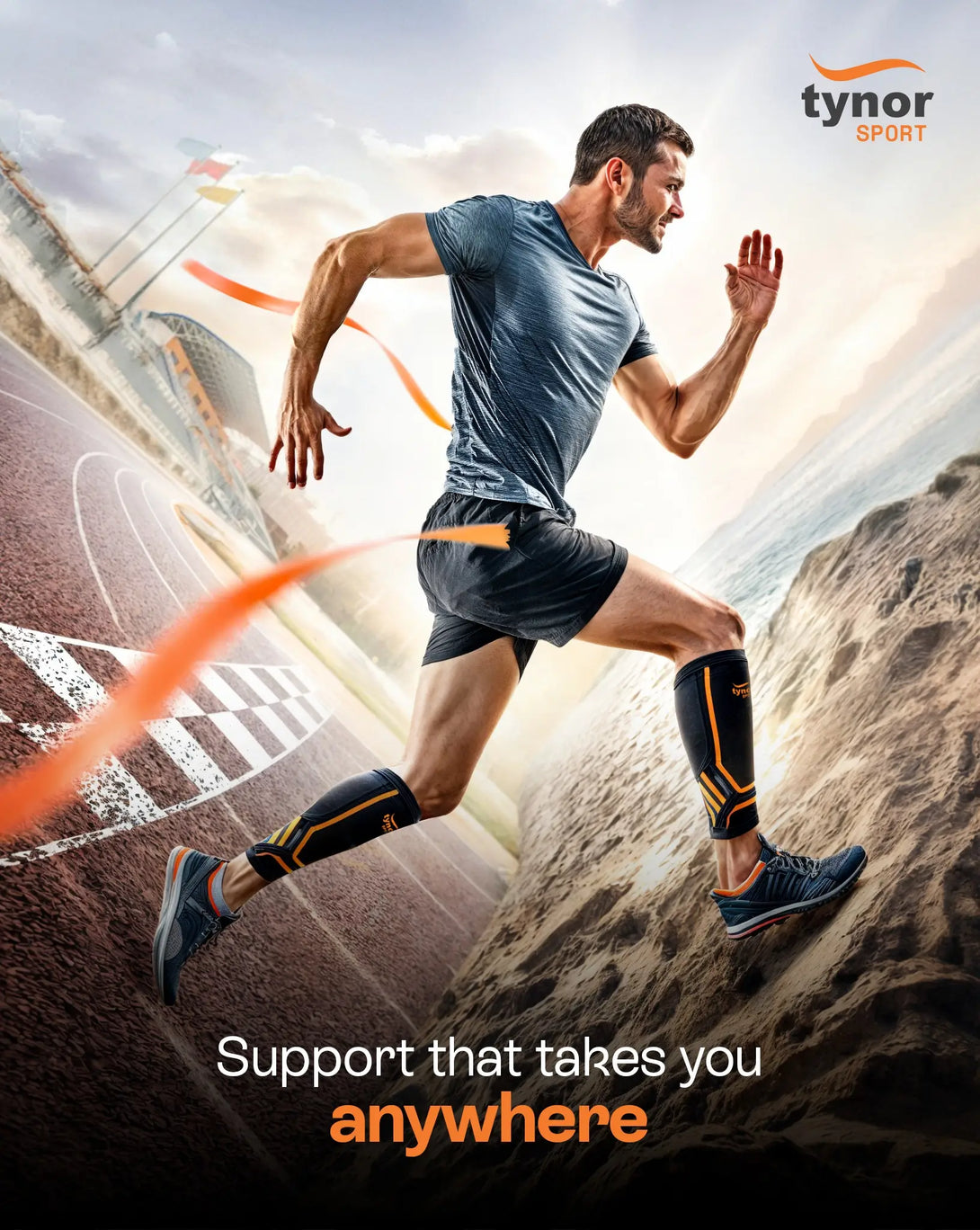 Tynor calf sleeve in black and orange with breathable fabric for muscle support and comfort