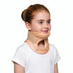 Young girl wearing a beige neck brace on a white background