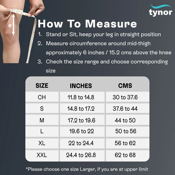 Tynor D13 Knee Immobiliser size chart — how to measure mid-thigh circumference for sizes CH to XXL