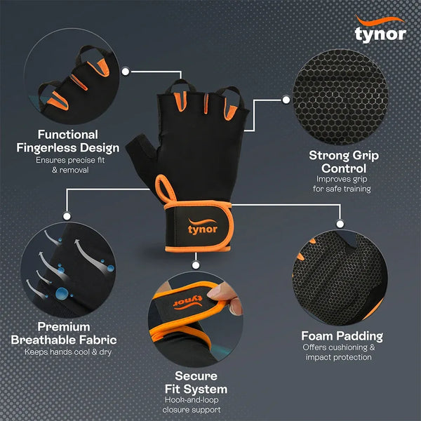 Tynorgrip Gym Gloves 904 — fingerless design with foam padding