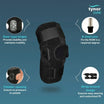 Knee brace with features highlighted on a blue background, branded as Tynor Cure.